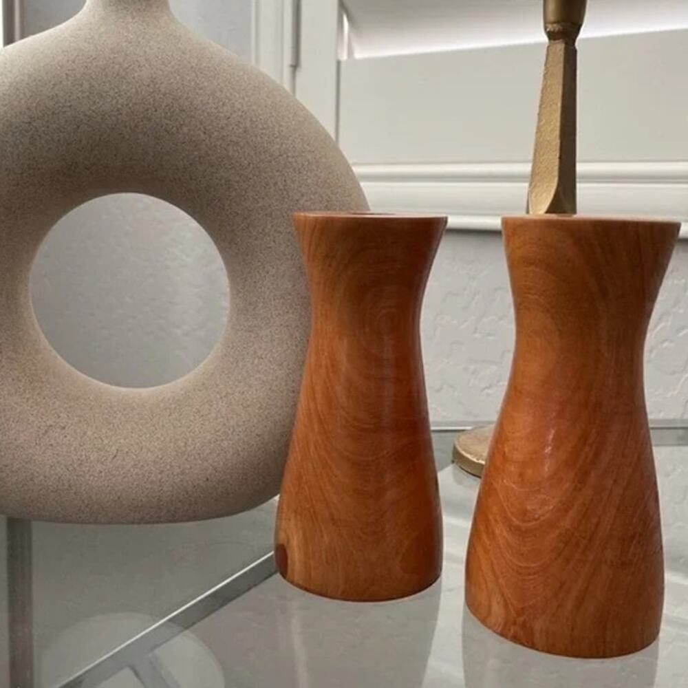 2 Vintage Wooden‎ Cozy Candlestick Holders